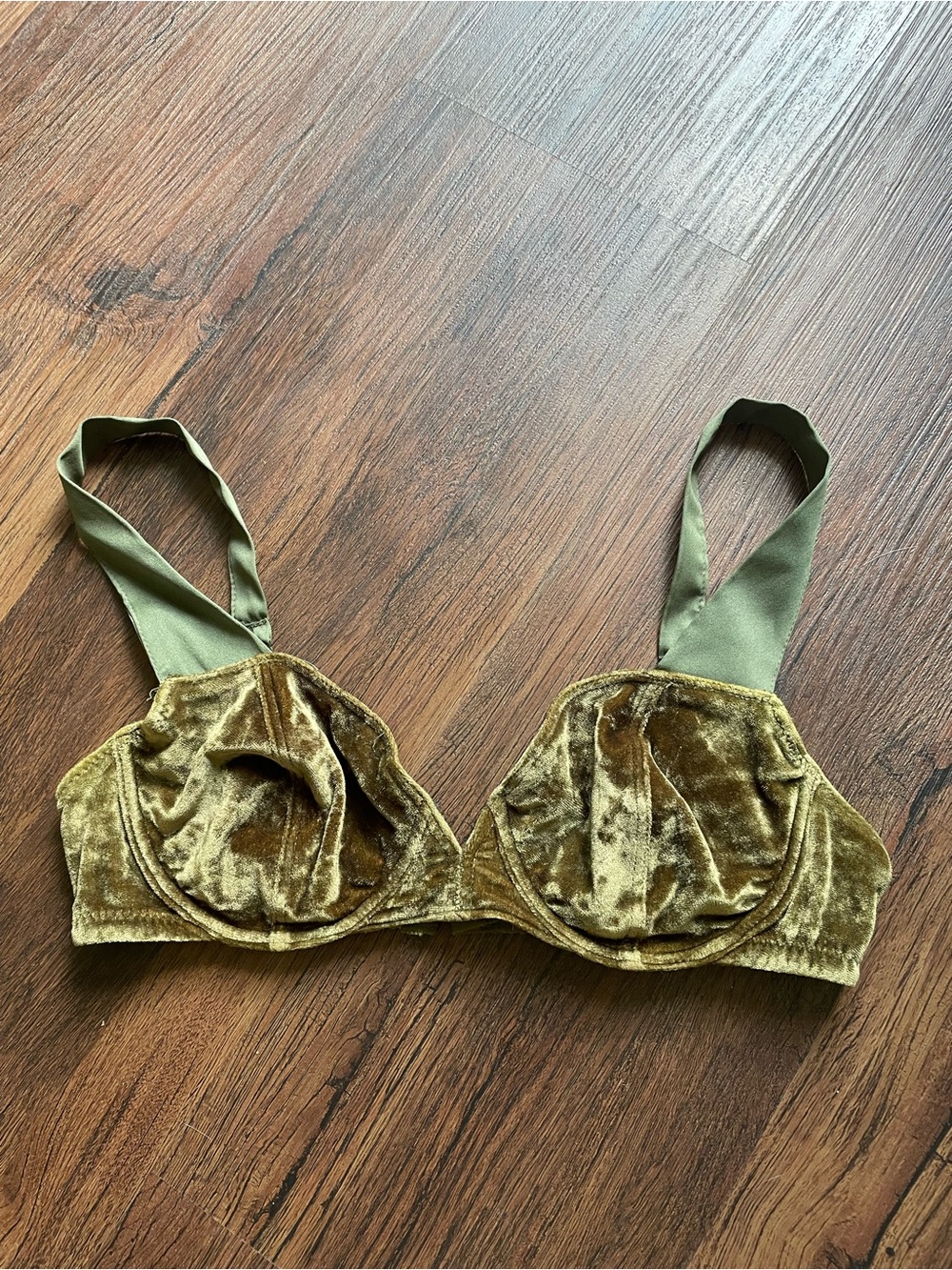Olive Green 32B Made In France Velvet Underwired Bra